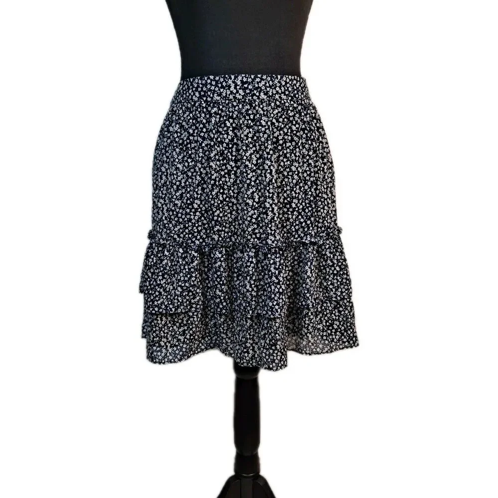 J. Crew Women's Tiered Ruffle Mini Skirt Size M Blue Floral